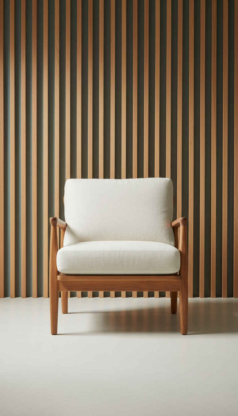 Ivory Linen Lounge Chair with Teak Accents