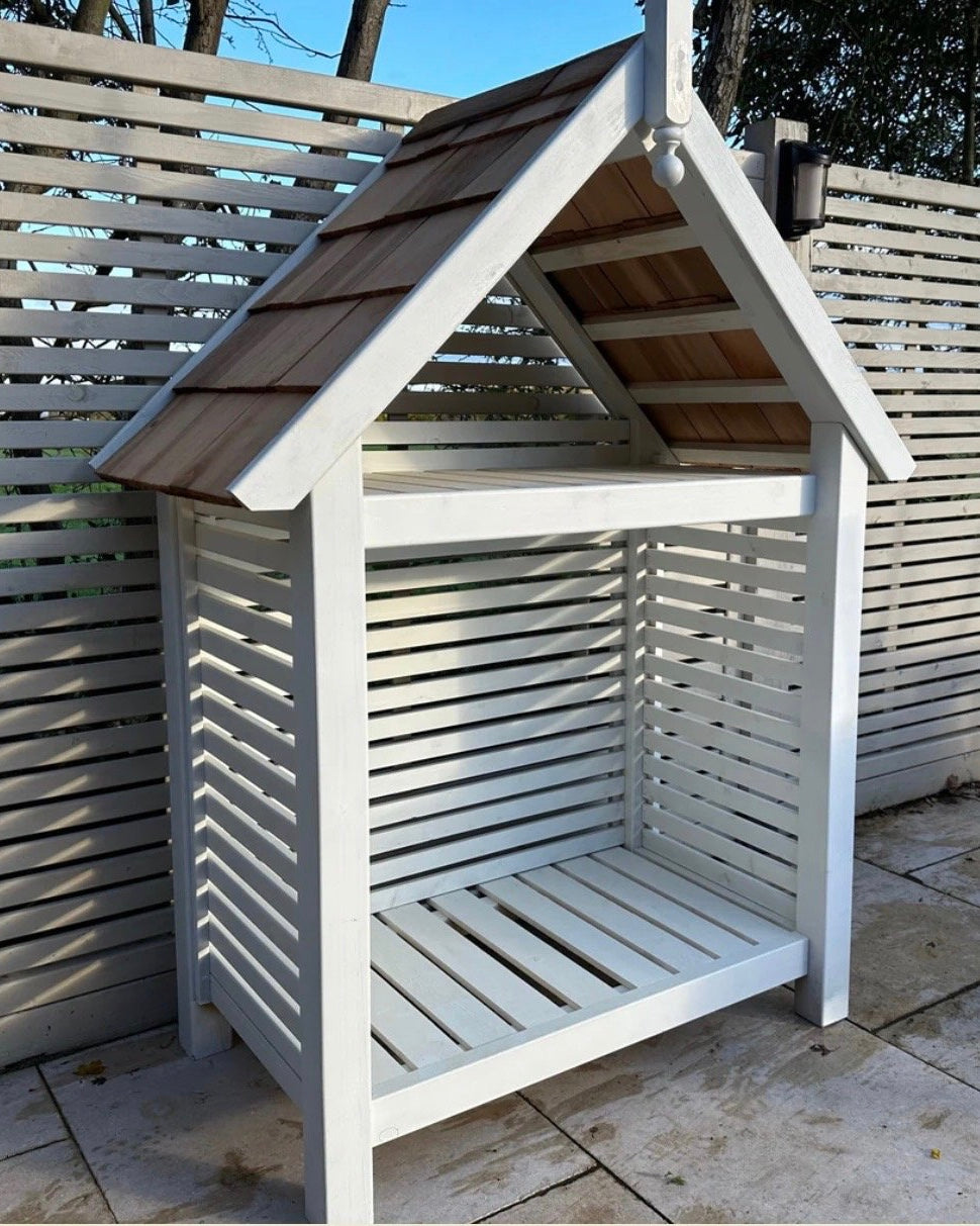 Log store with cedar shingle