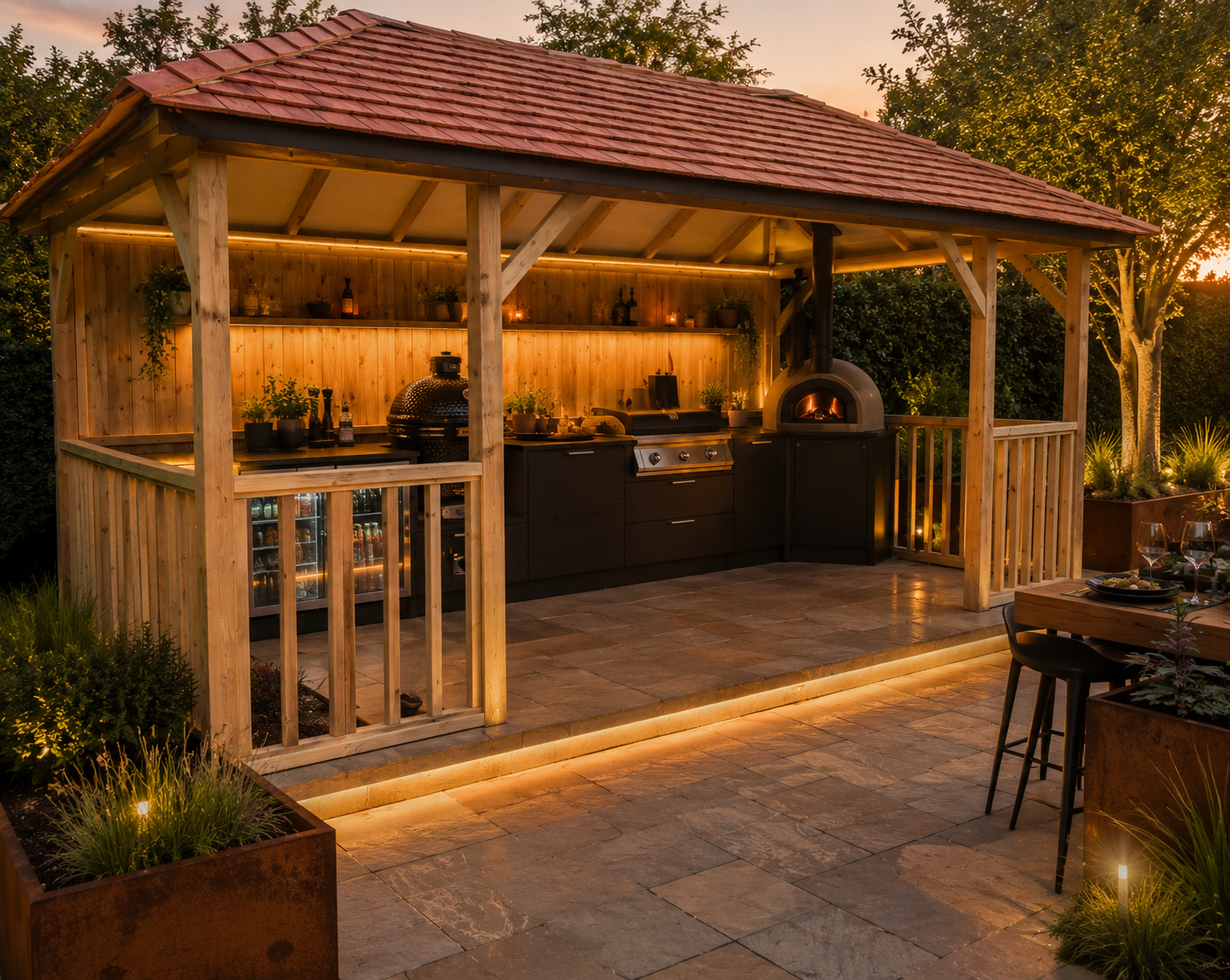 A wooden outdoor kitchen Gazebo with a tiled roof, warm ambient lighting, stone patio flooring, built-in cooking stations, and a small dining table with stools in a landscaped backyard at dusk.