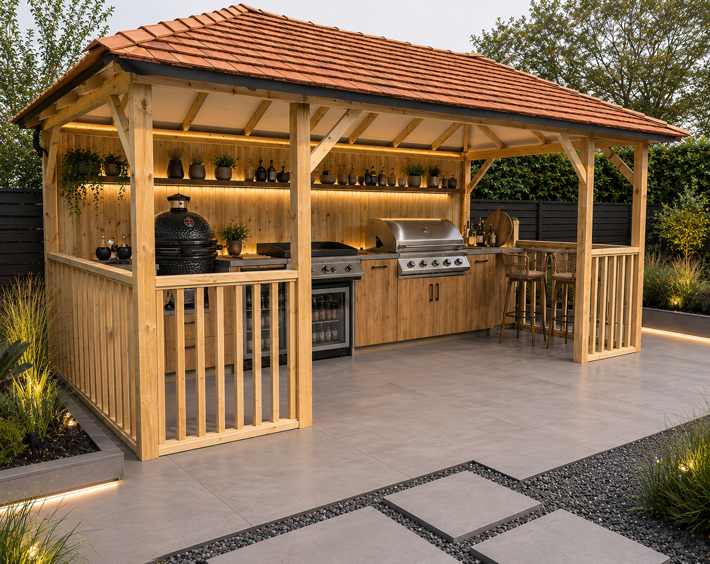 A large wooden outdoor kitchen gazebo with a Cedar tiled roof, featuring built-in wood cabinets, a black ceramic kamado, a stainless steel grill, shelving with plants, and a small bar counter with two stools, set on a paved patio in a landscaped garden.