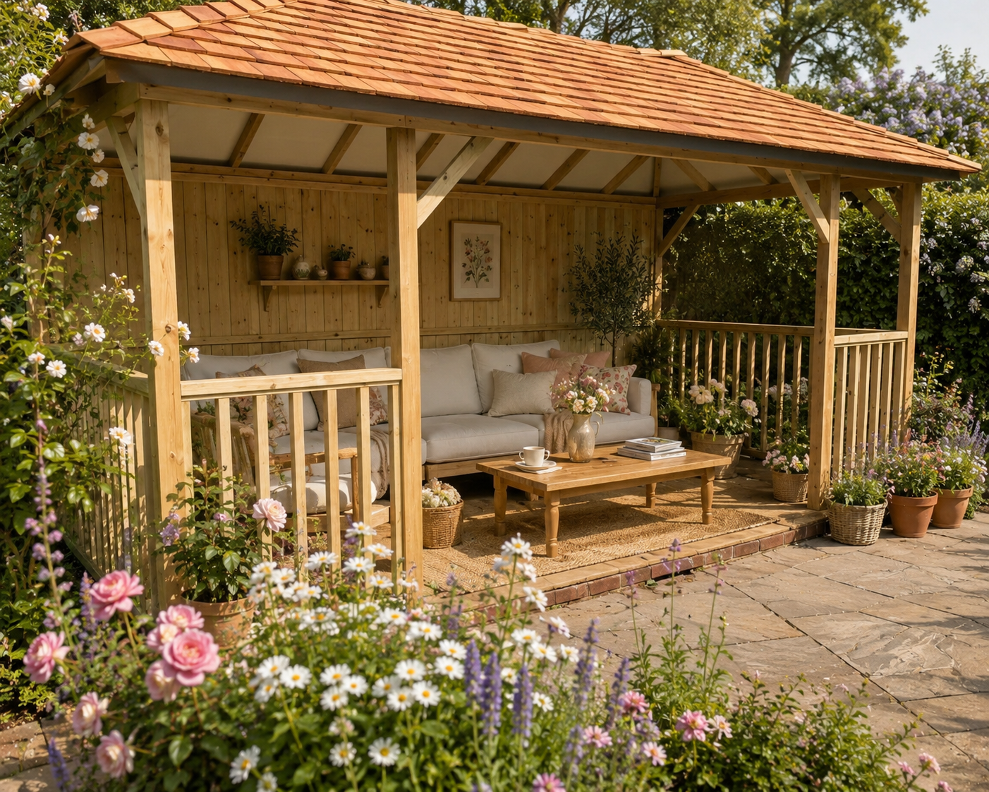 A wooden garden gazebo with a tiled cedar  roof, furnished with a light-colored sofa, wooden coffee table, and potted plants, set in a lush garden with flowers and stone paving.