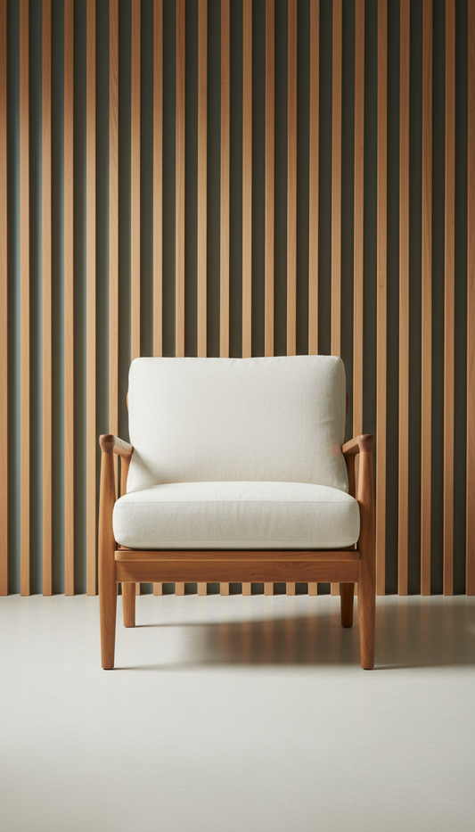 Ivory Linen Lounge Chair with Teak Accents