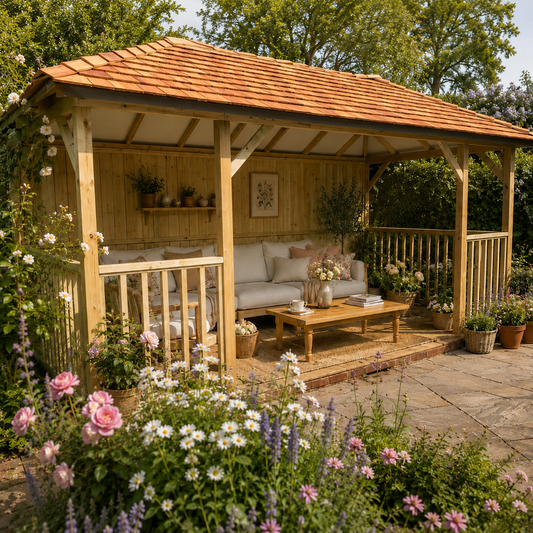 A wooden garden gazebo with a tiled cedar roof, open sides, and a built-in light-colored sofa. The gazebo is decorated with potted plants and flowers, set in a lush garden with stone paving and green trees in the background.